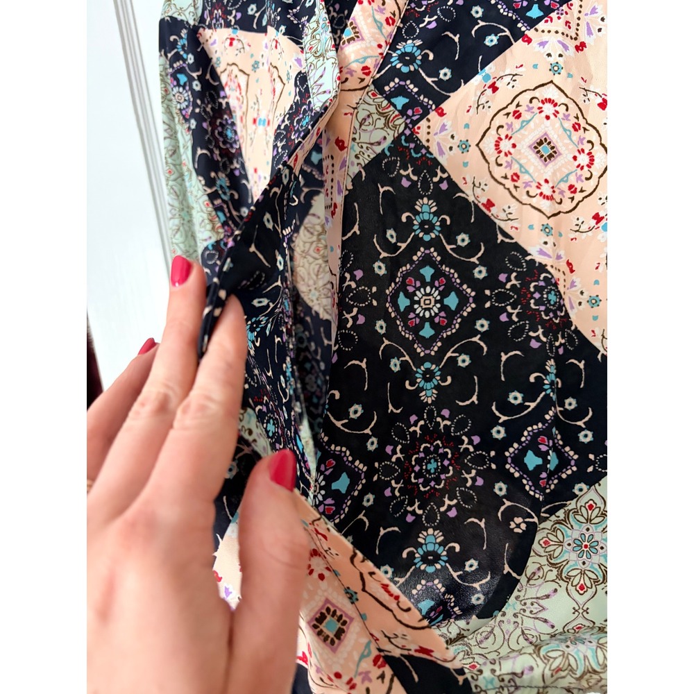 Pleione Womens XL Patchwork Medallion Print Surplice Wrap Blouse LongSleeve Navy - Picture 3 of 5